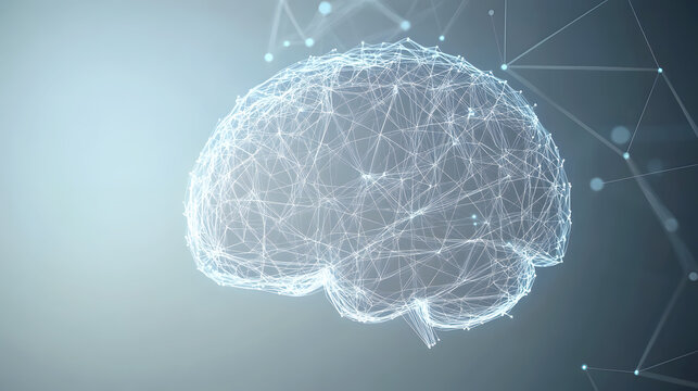A minimalist illustration of a human brain with glowing plexus lines, depicted as a simple map with points and connections. The brain is outlined in light gray