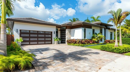 Miami Modern Home with Brick Driveway, Landscaping, and Palm Trees, Including a White and Brown Garage Door