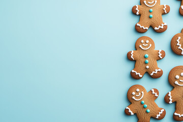 Naklejka premium Delightful gingerbread cookies on a blue background, perfect for holiday themes and festive celebrations.