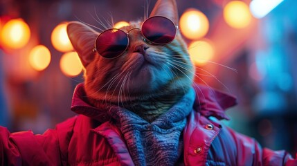 Obraz premium Funky Feline: Stylish Cat Dancing with Colorful Clothes and Sunglasses on Vibrant Background