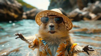 Obraz premium Gopher Beach Party: Hawaiian Shirt, Straw Hat and Sunglasses, Dancing on Beach with Paws Up, Perfect for Hotel Beach Vacation Advertising