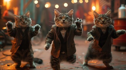 Feline Party: Colorful Cats Dancing in Tuxedos on Vibrant Nightlife Stage