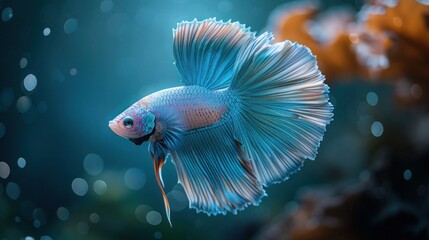 Blue Betta Fish Close-Up Art Movement on Isolated Background