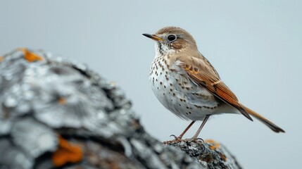 Fototapeta premium White Thrush Zoothera Aurea Camouflaged in Tiger Pattern Feathers on Old Wooden Surface Against White Backdrop