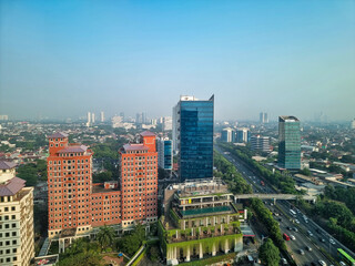 Aerial view of buildings in the city (cityscape) of South Jakarta, Indonesia, against clear sky