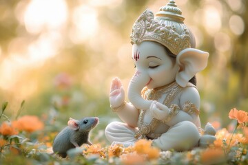 Obraz premium A serene statue of Lord Ganesha sitting amidst colorful flowers, symbolizing peace and harmony in nature.