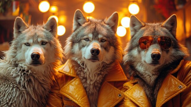 Wolf Pack Birthday Bash: Vibrant Fashionable Wolves in Bright Outfits for Invites & Advertisements
