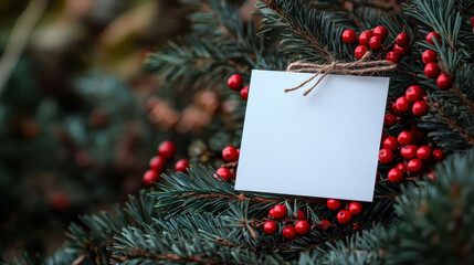 Christmas Card on Pine Branches with Red Berries