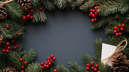 Fototapeta premium Christmas Wreath with Pinecones and Berries Surrounding Blank Card
