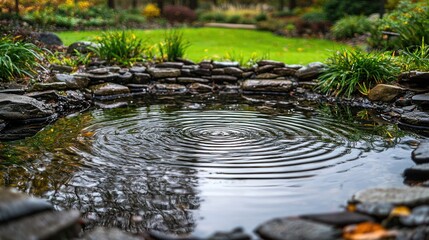 Fototapeta premium Ripples in a Small Pond Surrounded by Rocks and Grass