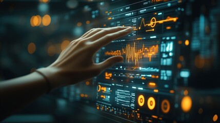 A person uses a transparent touchscreen to analyze economic data in a modern office, showcasing tech's role in decision-making.