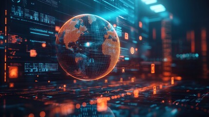 Obraz premium A globe surrounded by financial icons in a futuristic setting, illustrating the interconnectedness of the global economy.
