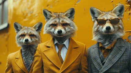 Animal Masked Business People Dancing in Front of Yellow Wall