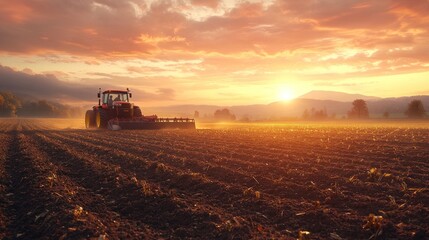 Fototapeta premium Autonomous tractors plowing fields, showcasing advanced agricultural automation and artificial intelligence.