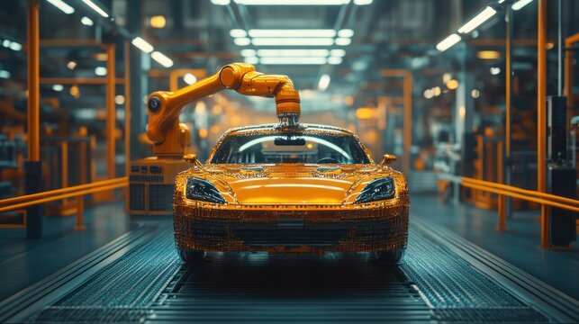 An industrial robot arm painting a car in an automotive factory, demonstrating precision and automation.