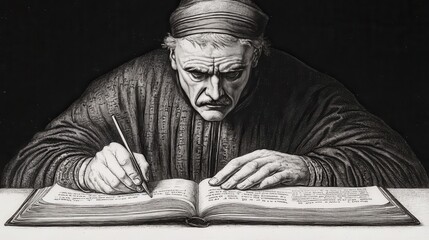 Fototapeta premium A detailed engraving of a medieval scribe writing in an illuminated manuscript, old engraving, scribe, medieval