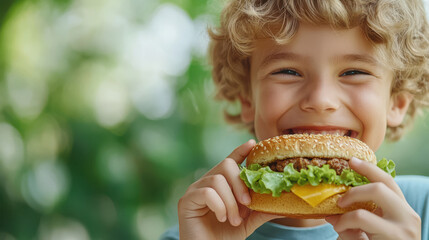 happy little boy eating big hamburger