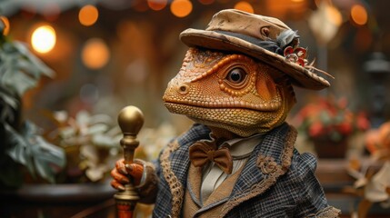 Cute Dinosaur in Vintage Attire with Hat and Cane, Happy and Playful