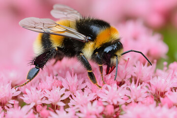 Buff-tailed bumblebee (Bombus terrestris) feeding on pink flowers