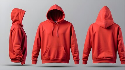 Blank red hoodie in front and back view, mockup, white background, 