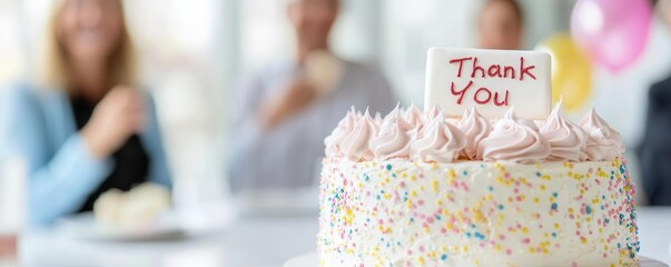Employees gathered around boss with a Thank You cake, Boss's Day, showing team appreciation and gratitude.