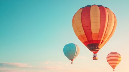 Naklejka premium A stunning view of colorful hot air balloons soaring through a clear blue sky at sunset, evoking a sense of adventure and freedom.