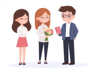 Boss holding a bouquet and smiling at employees, Boss's Day, appreciation gesture