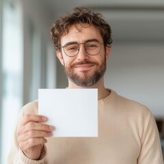 Boss holding a thank you card and smiling warmly on Boss's Day, showing appreciation in the workplace.