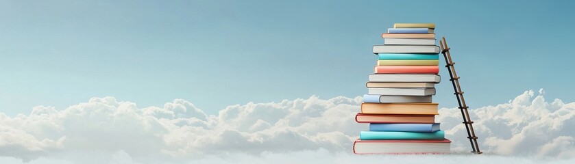 Fototapeta premium A creative composition of stacked books reaching toward a bright sky, symbolizing knowledge and aspiration.