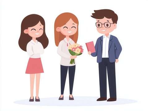 Boss holding a bouquet and smiling at employees, Boss's Day, appreciation gesture