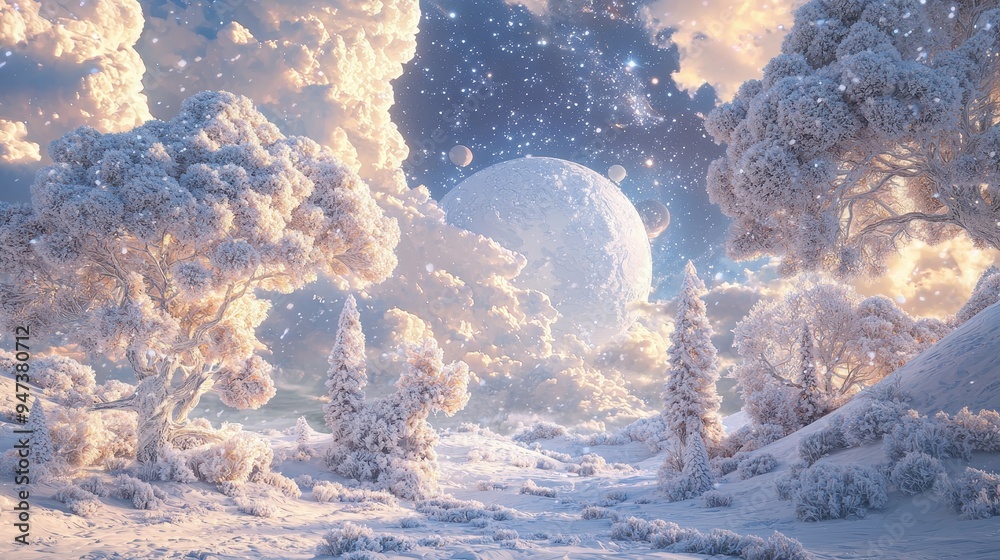 Poster fantasy winter landscape with snow covered trees and a distant moon