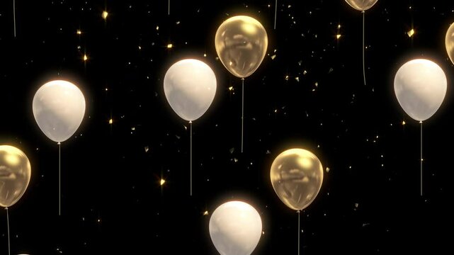 Background of golden confetti falling on white and gold balloons created with CG	
