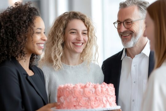 A diverse team congratulating their boss with a cake, Boss's Day celebration, office environment