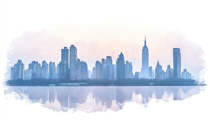 Fototapeta premium A tranquil city skyline with watercolor effects, showcasing tall buildings reflected on peaceful water under a soft sky.
