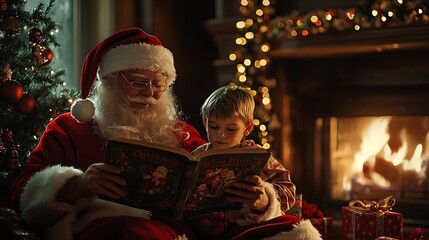 Obraz premium A joyful scene of Santa Claus reading a storybook to a child by the fireplace, surrounded by Christmas decorations.