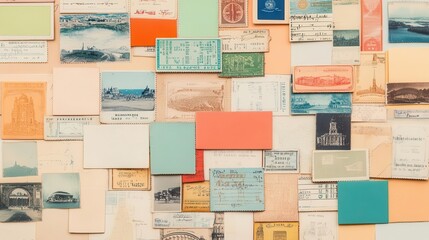 A collage of vintage postcards, tickets, and souvenirs arranged in a travel journal style, collage, vintage, travel journal