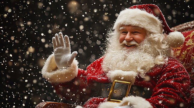 Cheerful Santa Claus waves joyfully in a snowy setting, capturing the magic of Christmas with warmth and festive spirit.