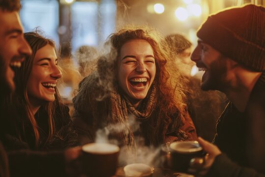 A group of friends laughing together at a cozy cafT, with steaming coffee cups and warm light, symbolizing the joy, connection, and comfort of close friendships