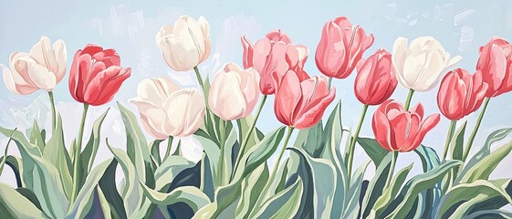 Obraz premium A vibrant display of red and white tulips against a soft blue background, perfect for adding color and beauty to any project.
