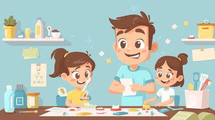 Cartoon vector busy parent managing household chores and kids' schedules