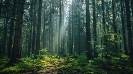 Obraz premium Forests: Diverse ecosystems giving timber, medicinal plants, and wildlife shelter. They help combat climate change by absorbing CO2 and releasing oxygen. 