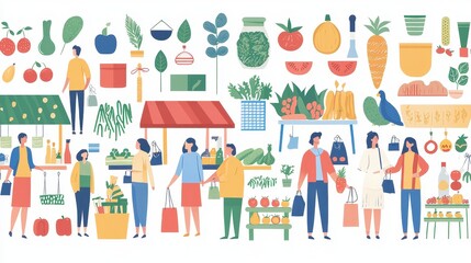 Farmers Market Illustration   People Shopping Fresh Produce  Vegetables  Fruits  Plants