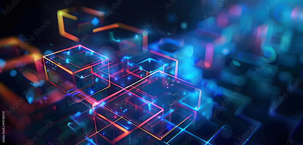 Aufkleber abstract background with neon glowing digital blocks forming an illuminated maze, symbolizing the co