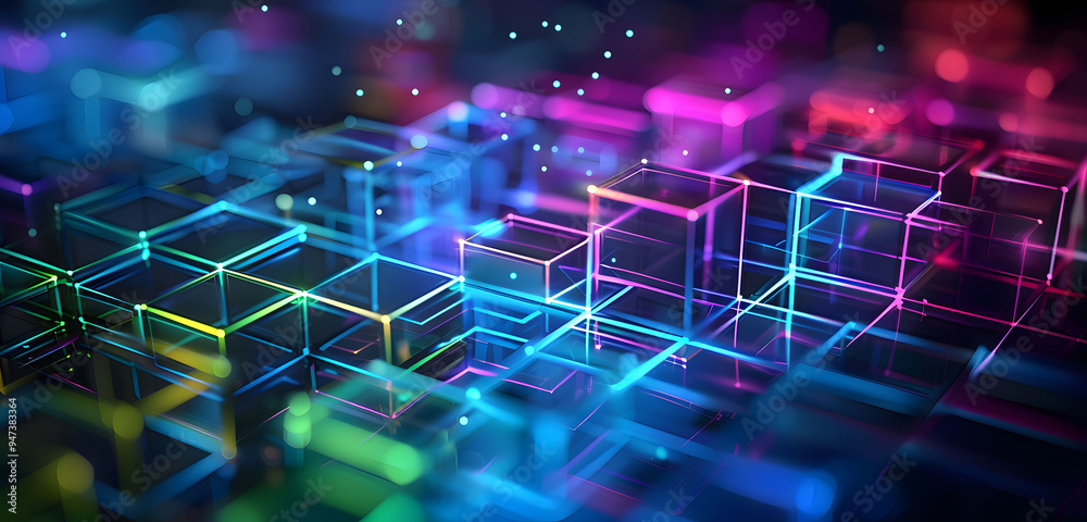Aufkleber abstract background with neon glowing digital blocks forming an illuminated maze, symbolizing the co
