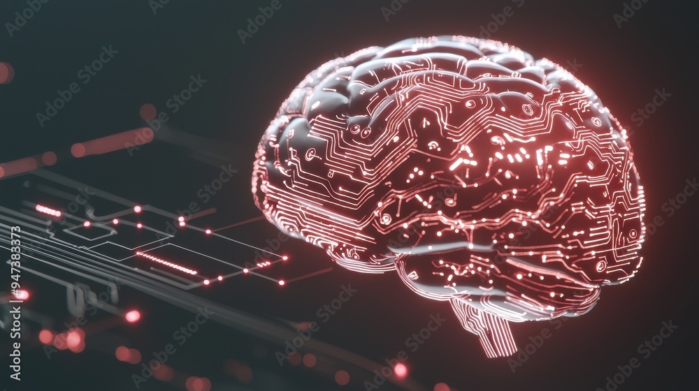 Poster Glowing Digital Human Brain with Circuit Board Background