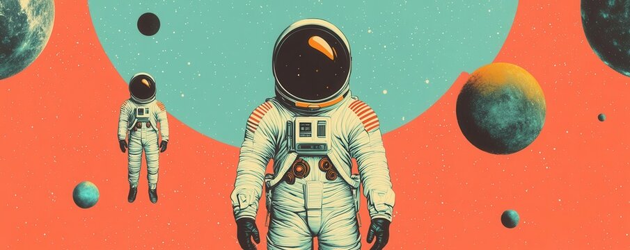 A retro space-themed collage with astronauts, planets, and vintage sci-fi elements, collage, retro, space