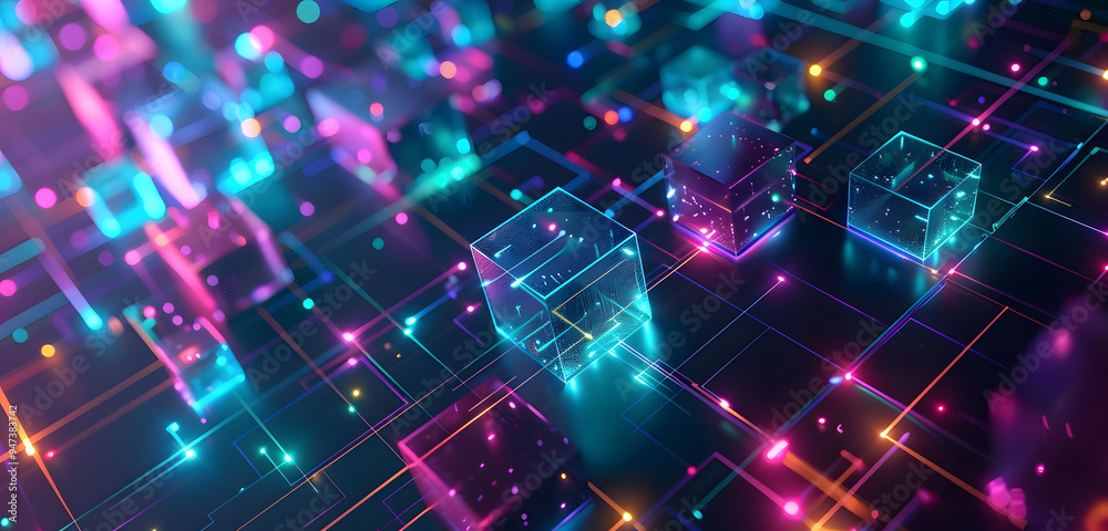 Aufkleber abstract background with neon glowing digital blocks forming an illuminated maze, symbolizing the co
