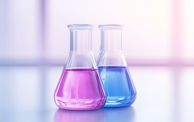 Colorful laboratory flasks filled with blue and pink liquids, ideal for science, chemistry, and experimental themes.
