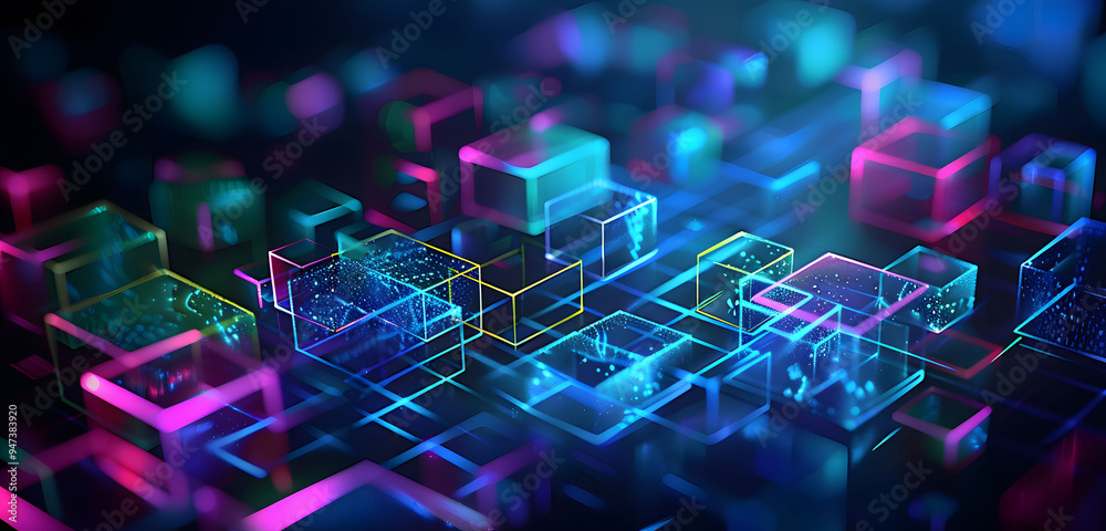 Aufkleber abstract background with neon glowing digital blocks forming an illuminated maze, symbolizing the co