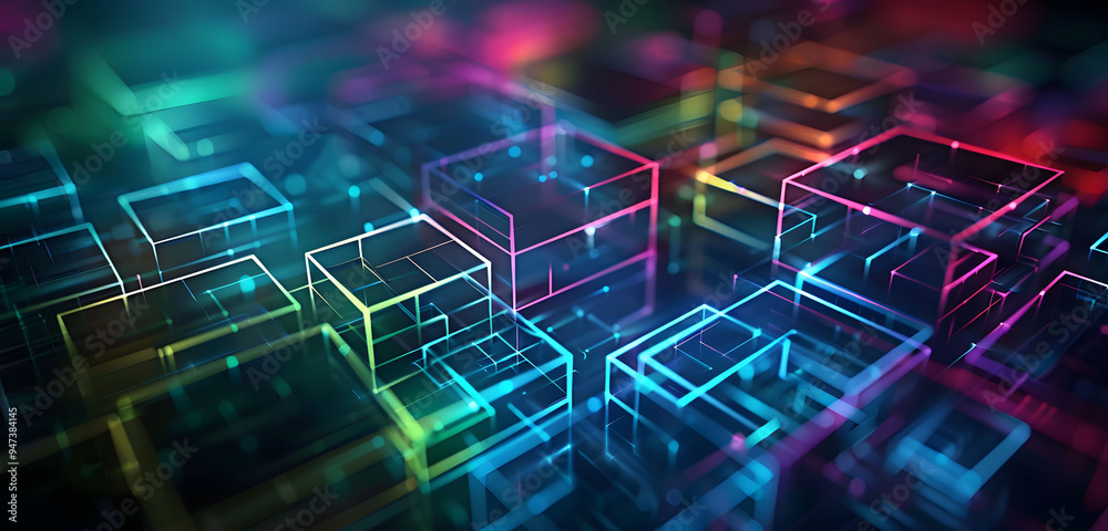 Aufkleber abstract background with neon glowing digital blocks forming an illuminated maze, symbolizing the co